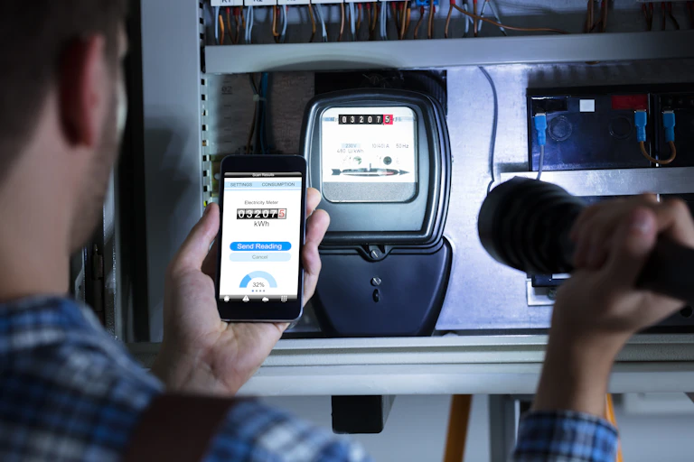 Man checking electricity meter reading against phone app.