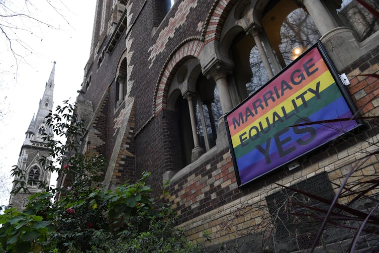 A sign promoting marriage equality outside a Uniting Church church in 2017.