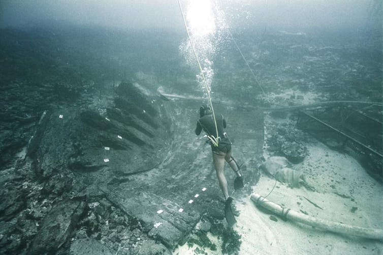 Batavia shipwreck under water in the 1974/1975 excavation season.