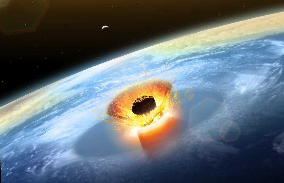 An illustrated image shows a big rock surrounded by flames hitting the surface of Planet Earth