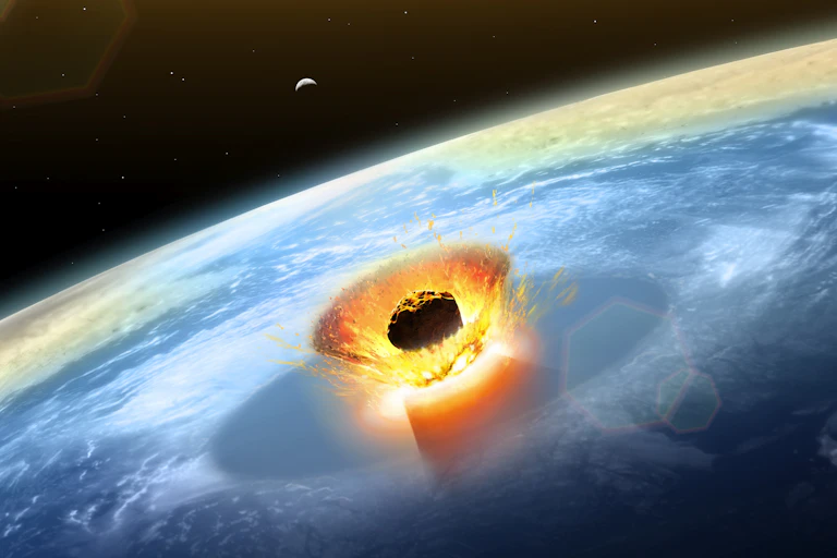 An illustrated image shows a big rock surrounded by flames hitting the surface of Planet Earth