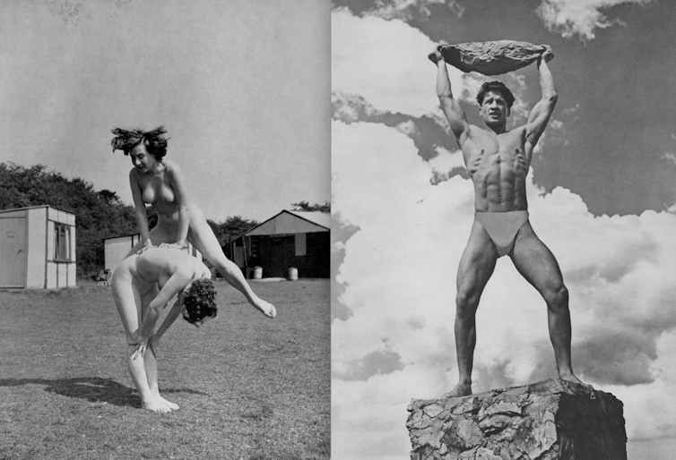 On the left a photograph shows a naked woman leap-frogging another; on the right, a man in briefs holding a rock aloft.