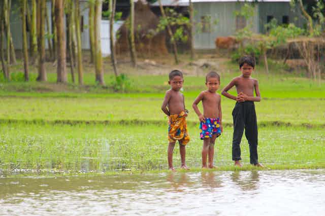 Three children stand by flooded field in Bangladesh