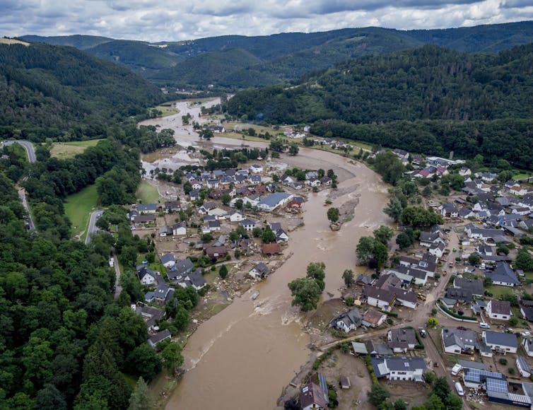 Small town in flooded valley