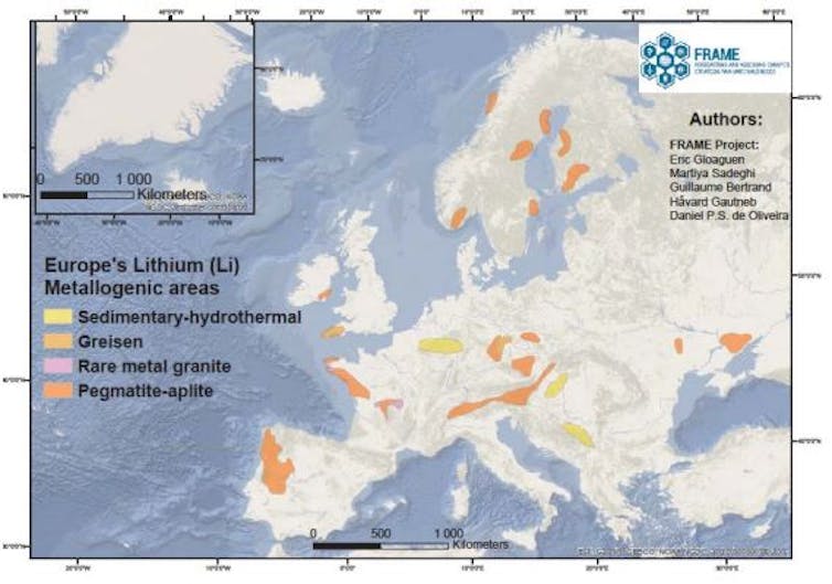Áreas con depósitos de litio en Europa (Gloaguen et al. 2021; proxecto FRAME- GeoERA).