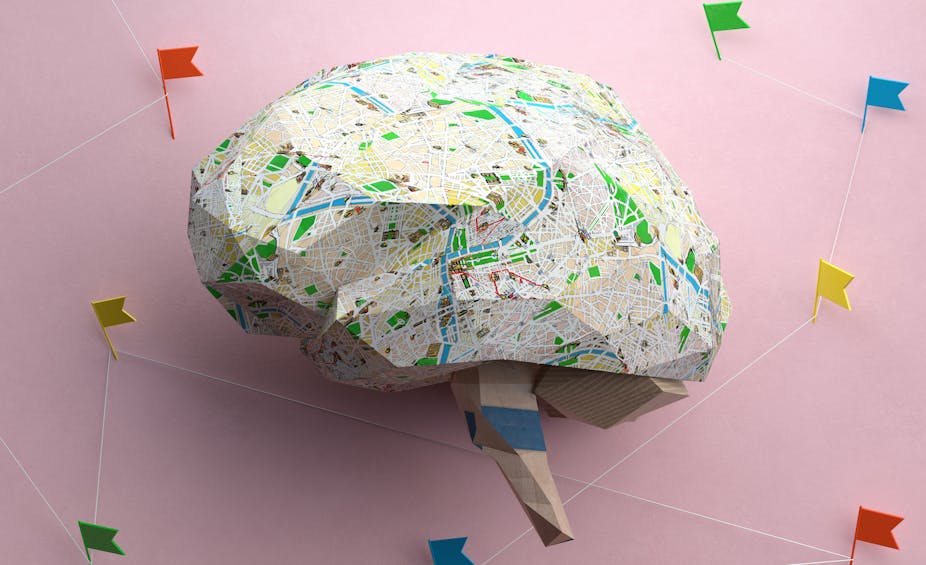 3D illustration of brain pattered like a map lying on a pink background, surrounded by flag pins.