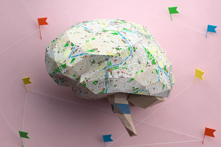 3D illustration of brain pattered like a map lying on a pink background, surrounded by flag pins.