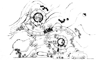 Bird's-eye drawing of two circular buildings