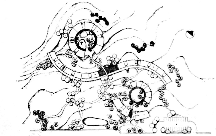 Bird's-eye drawing of two circular buildings
