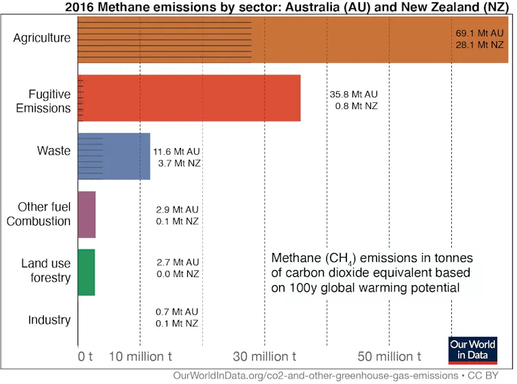 This figure shows 2016 methane emissions for Australia (AU) and New Zealand (NZ), from different sectors (in million tonnes of carbon dioxide equivalent emissions).