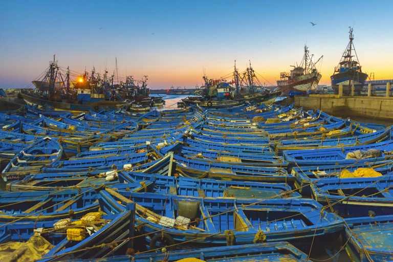 Small boats moored at a harbour