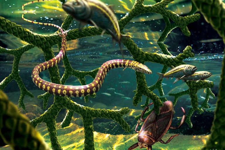 A snake-like lizard with brown and yellow markings glides through underwater branches