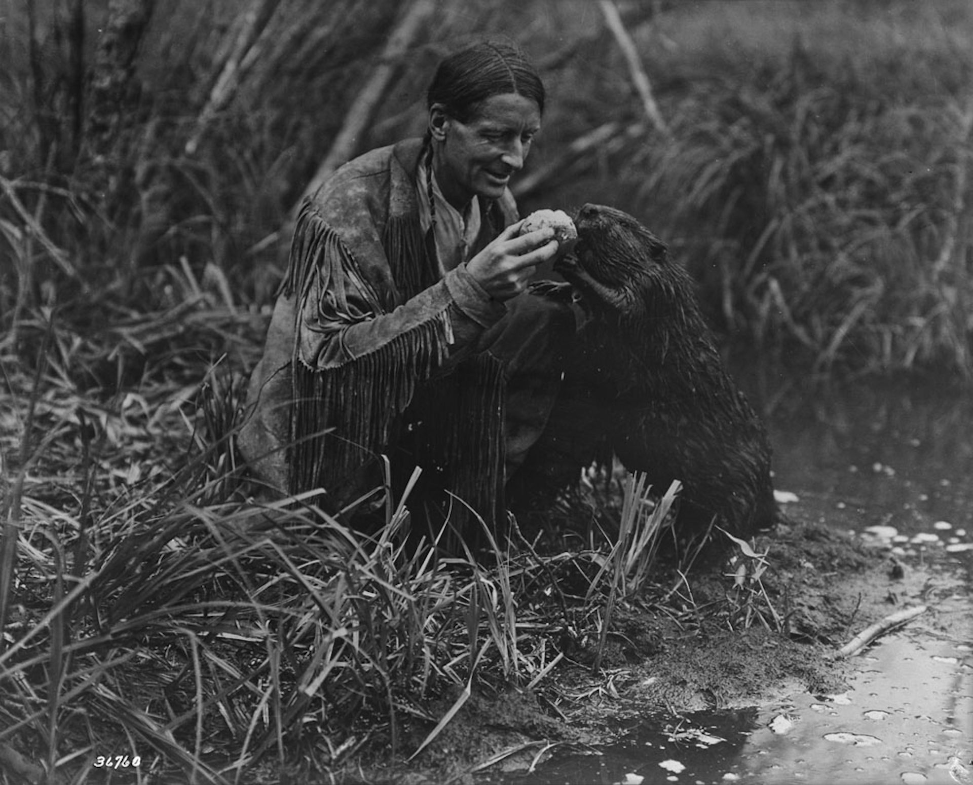 A black and white image of a man with a leather fringe jacket, feeding a beaver a jelly roll.