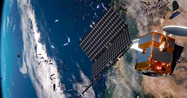 A digital image of a disintegrating satellite. 