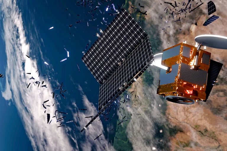 A digital image of a disintegrating satellite.
