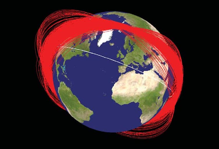 An image of the Earth with many red lines surrounding it.