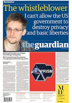Front page of The Guardian with revelations about the Edward Snowden affair.