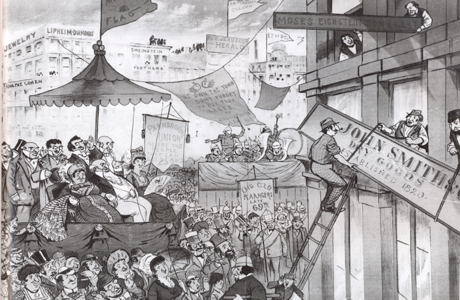 A black and white antisemitic cartoon depicting crowds thronging a store where the name John Smith is being pulled down.
