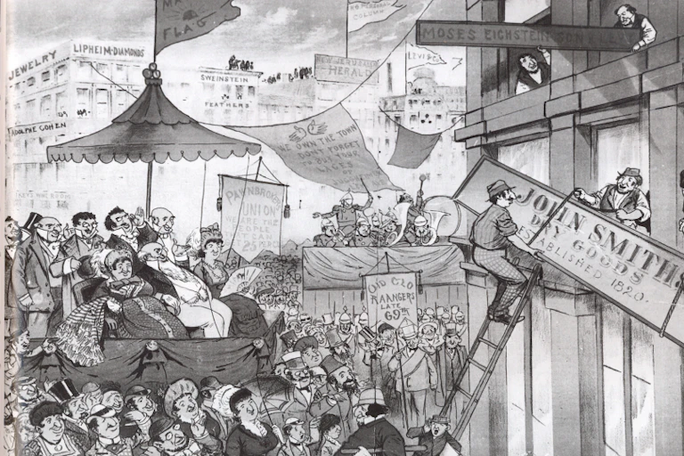 A black and white antisemitic cartoon depicting crowds thronging a store where the name John Smith is being pulled down.