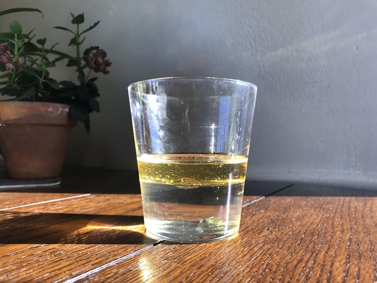 A cup filled with a layer of oil placed on a layer of water.