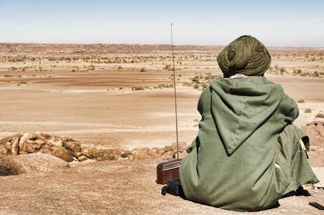 Man looks over desert landscape