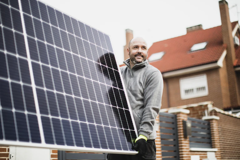 A man carries a solar panel for a roof installation