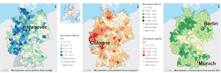 Maps presenting the simulated regional microplastic pollution in agricultural soil from sewage sludge (left), compost (middle) and plastic mulch film (right)