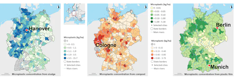 Maps presenting the simulated regional microplastic pollution in agricultural soil from sewage sludge (left), compost (middle) and plastic mulch film (right)