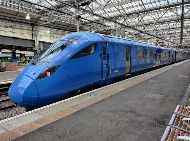 The new Lumo Edinburgh to London train with its bright blue livery.