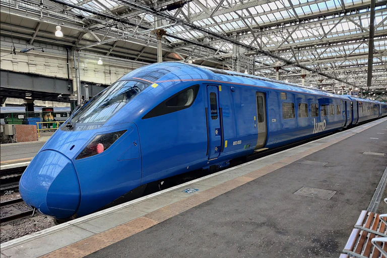 The new Lumo Edinburgh to London train with its bright blue livery.