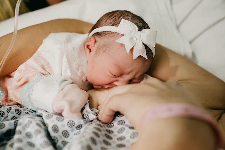 Un bébé nouveau-né tête sa mère