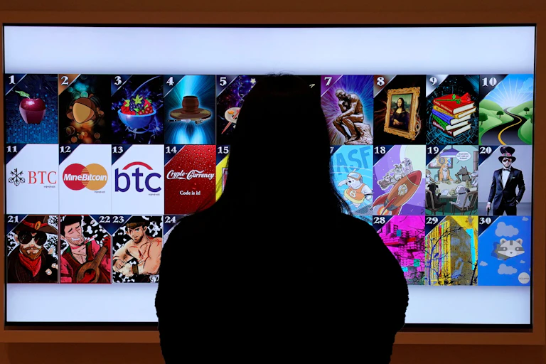 Woman beholds an array of digital images
