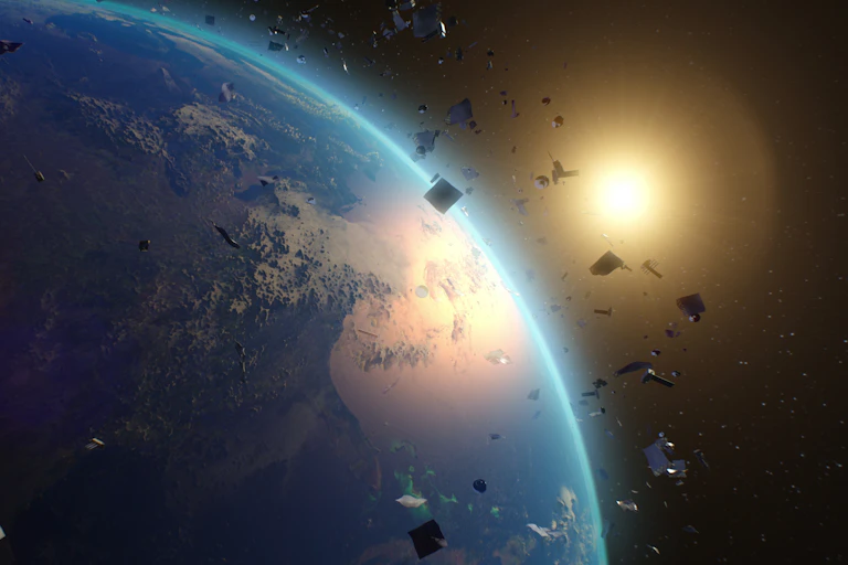 The sun in the distance, earth in the foreground, space junk clutters the view