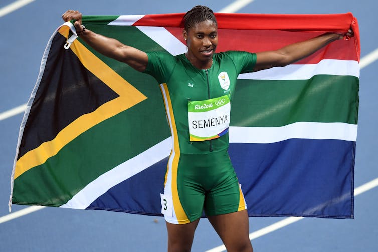 Caster Semenya of South Africa gestures after placing Gold in the Women's 800m Final at Olympic Stadium in 2016.