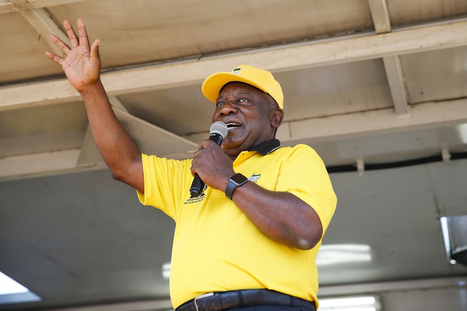 President Cyril Ramaphosa addressing ANC supporters during a door-to-door political campaign ahead of the 2021 local government elections.