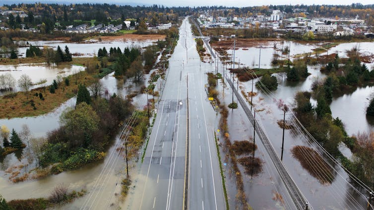 An aerial view of a submerged highway in Canada.