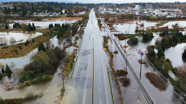 An aerial view of a submerged highway in Canada.