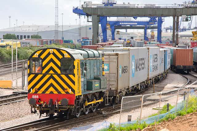 A freight train at a port