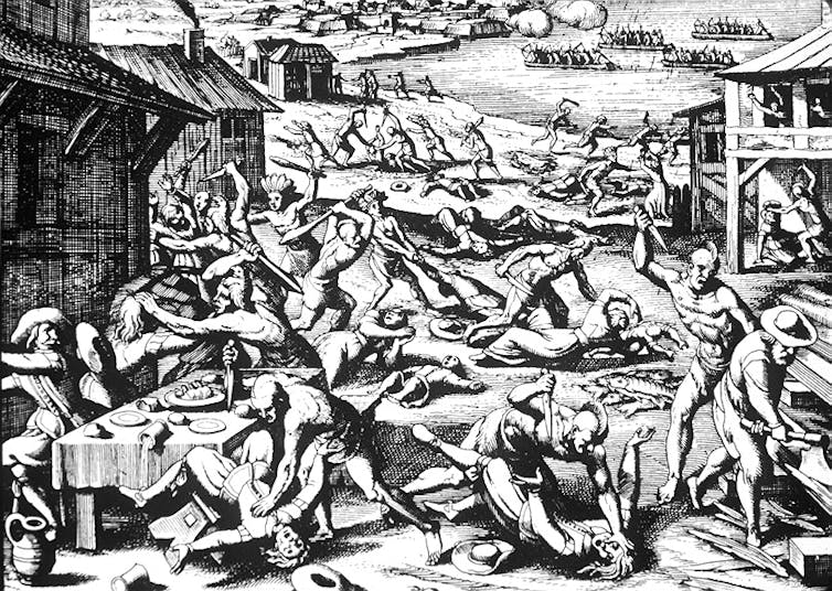 Engraving of Indigenous Americans slaughtering colonists.