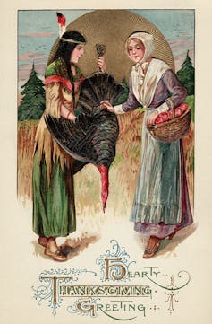 Native American woman presents a turkey to a Pilgrim.