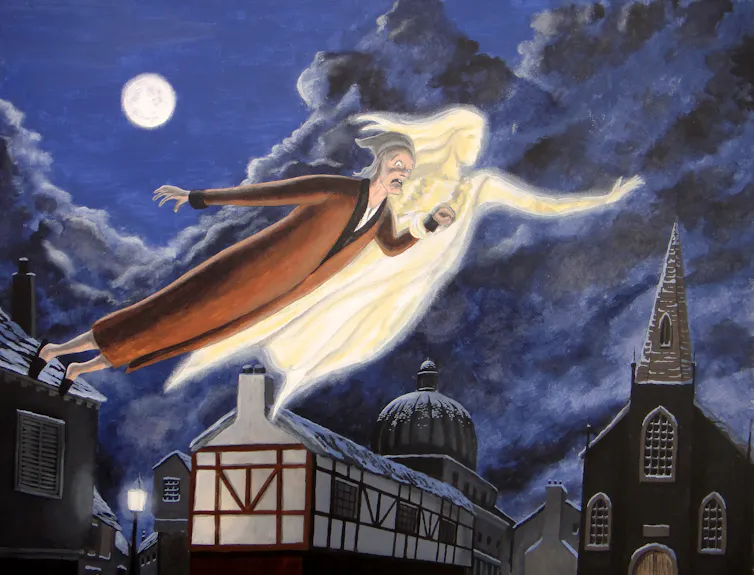 An illustration of a Scrooge and the Ghost of Christmas Past flying over the city.