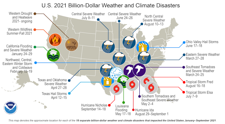 Map of weather and climate disasters in 2021.