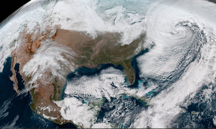 A satellite image of a storm over the U.S.