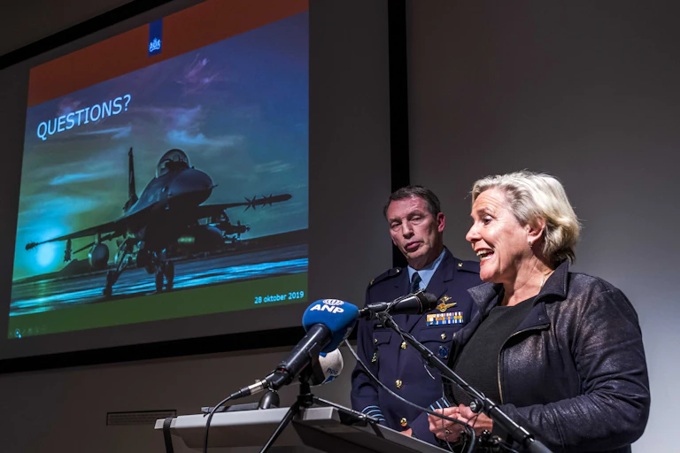 Dutch defence minister, Ank Bijleveld, and air force colonel Peter Tankink briefing journalists about a raid on an car factory in Hawija in November 2015 in which more than 70 civilians were killed.