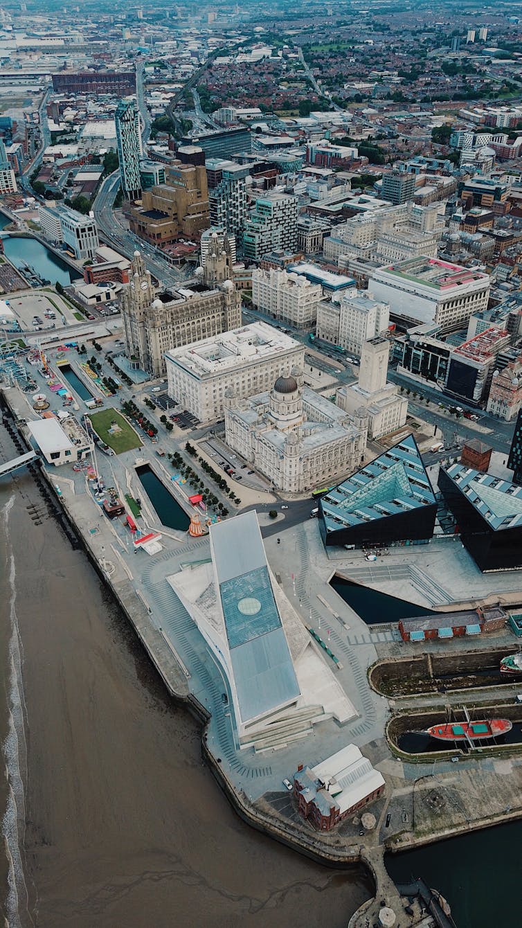 Overhead view of the Three Graces and the Liverpool waterfront