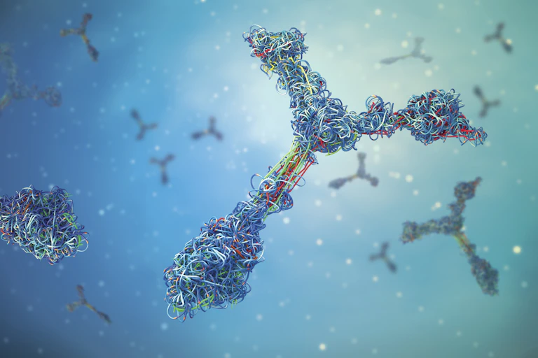 Illustration of antibodies floating in blue background.