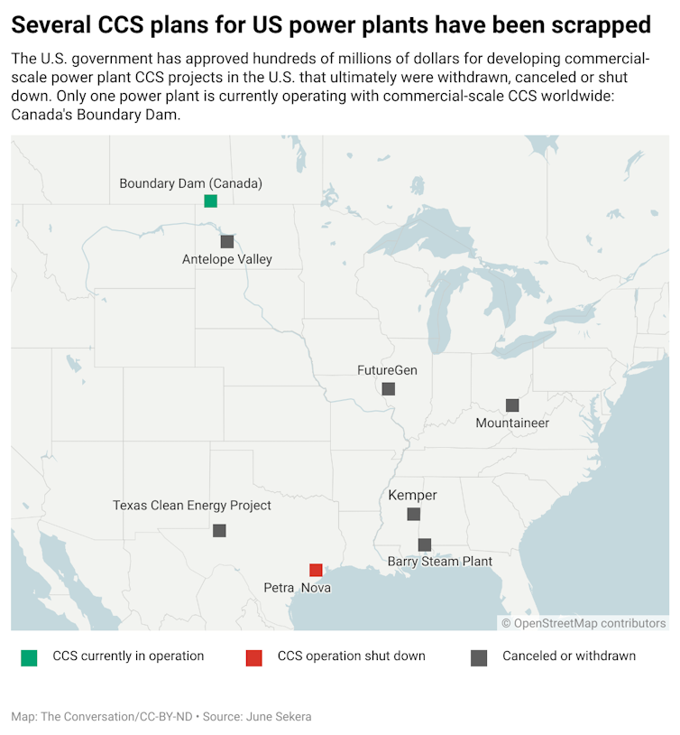 A map of the United States showing the locations of different planned CCS project sites. They are color coded according to whether they are in operation or have been canceled/withdrawn.