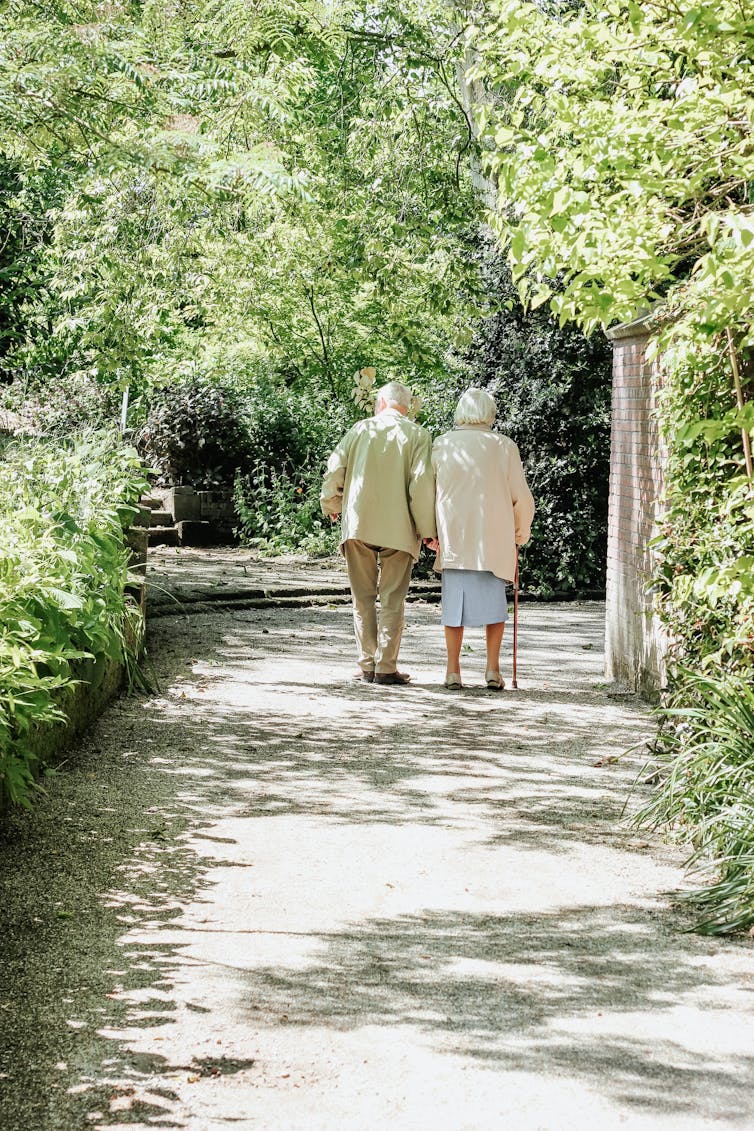 An elderly couple walk down a leafy lane.