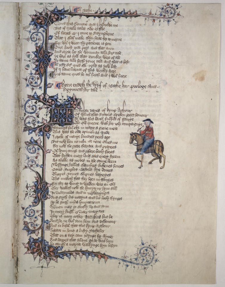 Opening page of The Wife of Bath's Prologue Tale, from the Ellesmere manuscript of Geoffrey Chaucer's Canterbury Tales.