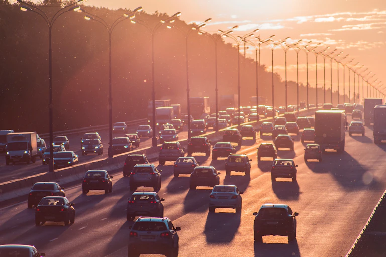 Cars line up on a motorway in Russia.